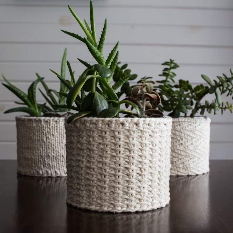 Jute Knit Stitch Plant Cozy